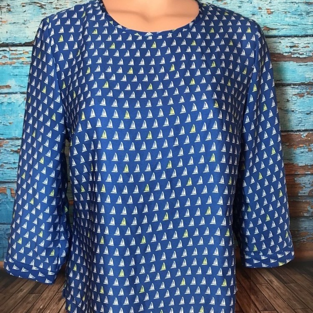 Merona Capri Blue Sailboat Print 3/4 Sleeve Blouse